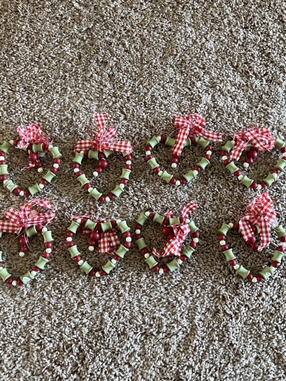 6 Folk Art Wooden Hearts Hanging Christmas Ornaments Red Green White